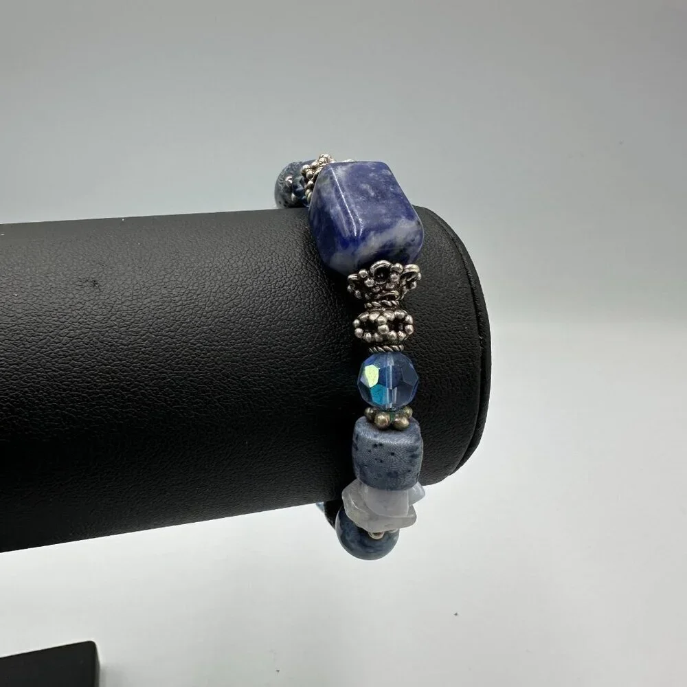 Artisan Beaded Bracelet Blue Glass Stone Beads Sterling Silver Toggle 6.75